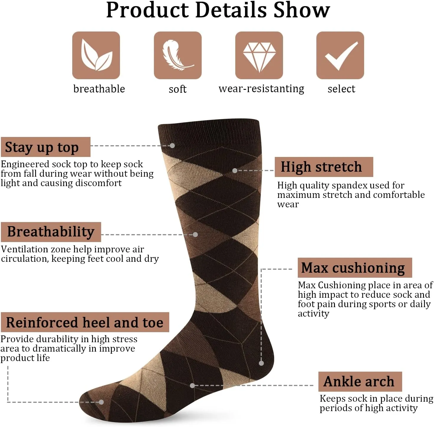 Yousu Mens Dress Socks Business Casual Solid Pattern Cotton Crew Sock 6 Pairs