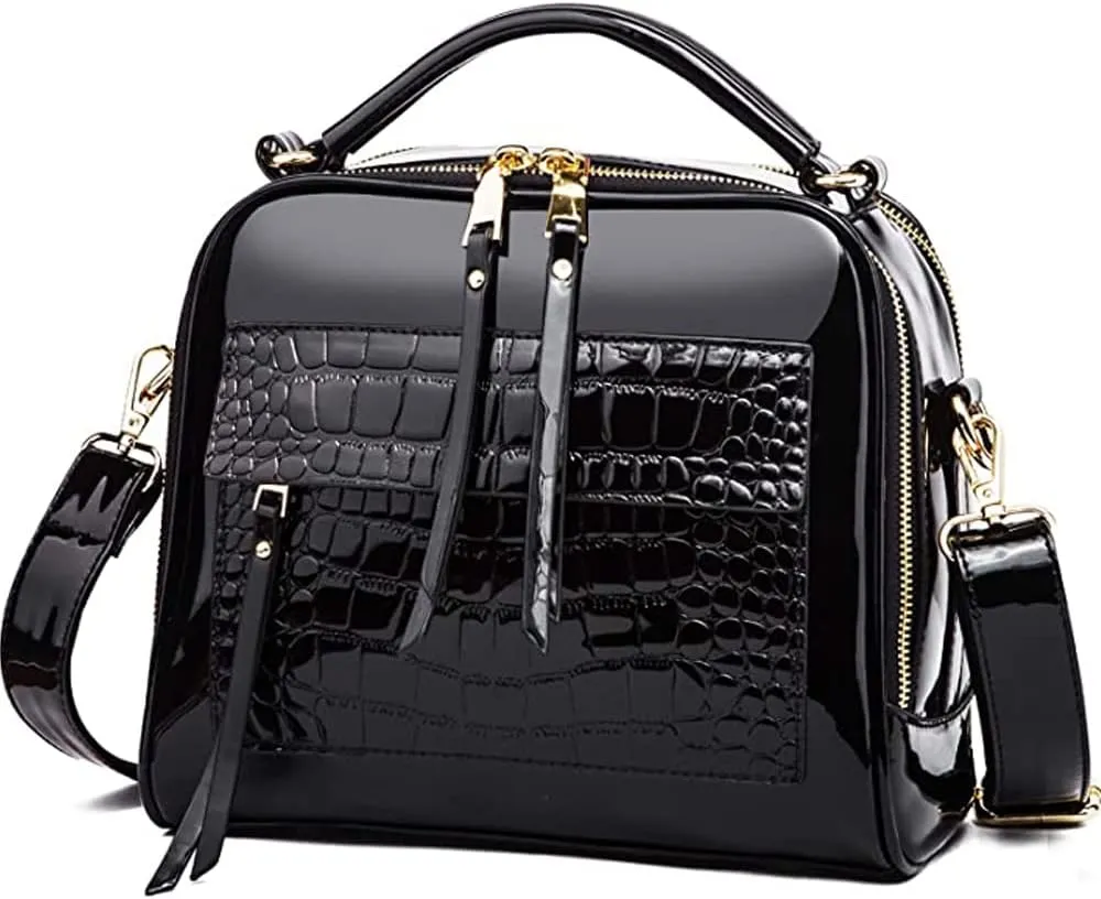 ZiMing Glossy Patent Leather Satchel Handbags for Women Top Handle Crossbody Bag Shoulder Bag Crocodile Pattern Purse