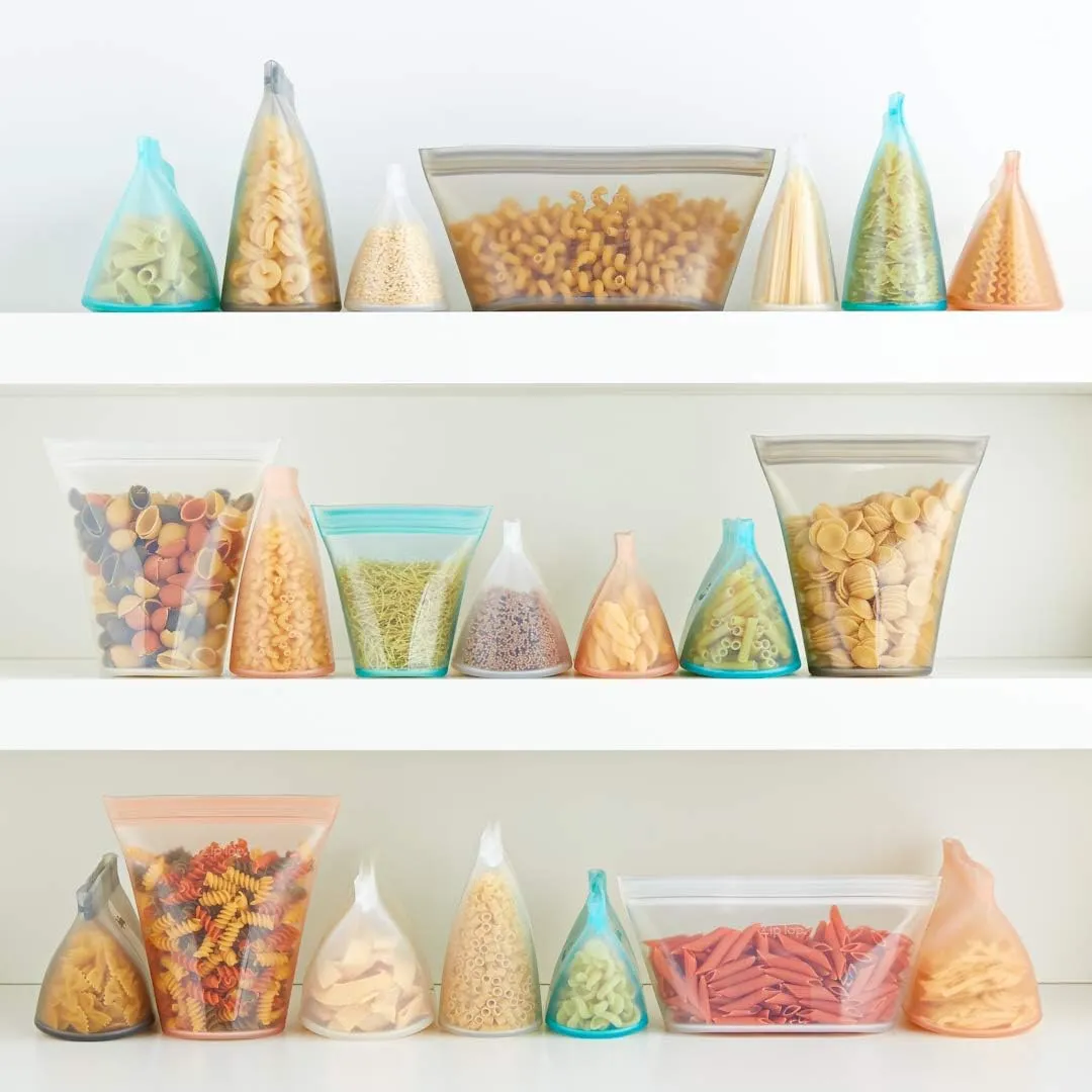 Zip Top Reusable Food Storage Bags | 2 Bag Set [Gray] | Silicone Meal Prep Container | Microwave, Dishwasher and Freezer Safe | Made in the USA