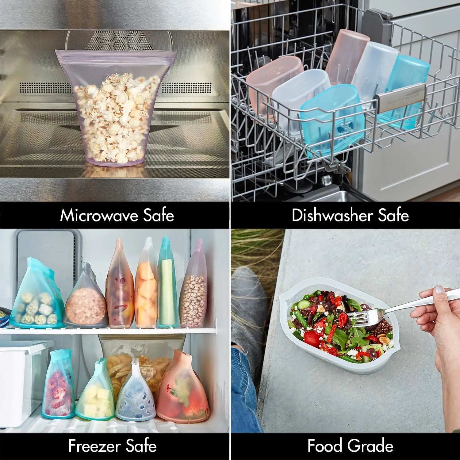 Zip Top Reusable Food Storage Bags | 2 Bag Set [Gray] | Silicone Meal Prep Container | Microwave, Dishwasher and Freezer Safe | Made in the USA